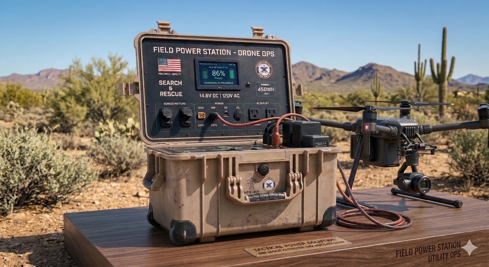 OpVolt Field Power System concept — ruggedized transit case with integrated charging bays, power management display, and drone battery connections deployed in a desert field environment